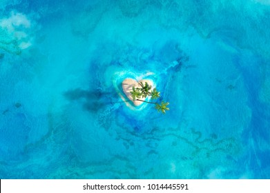 Alone Island In The Ocean, Aerial View. 3D Illustration.