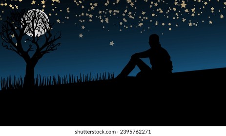 Alone man in a starry night