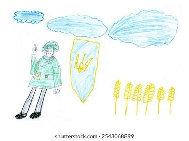 Alone young USA nato male guy stand helmet rise up arm look hope danger morn cloud summer wheat day cloudy sky text space. Medic hero stay pray god faith show v homeland flag funny paper drawn concept - Powered by Shutterstock