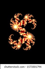 Alphabet artistic lettering of fire letter S with effect of Fractal Julia sets.Calligraphy bright design for Superhero,Superman,Super star,Satan,Sport...Spiral art print for t-shirt  with fiery curls.