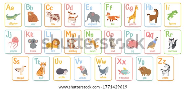 Alphabet cards for kids. Educational preschool
learning ABC card with animal and letter cartoon  illustration set.
Flashcards with cute characters and english words placed in
alphabetical
order.