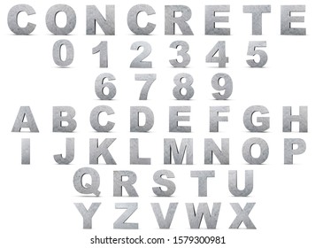 Alphabet of concrete letters and numbers. 3D render Illustration