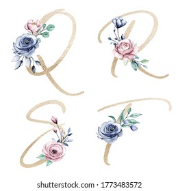 Alphabet Gold Letters Watercolor Flowers Leaf Stock Illustration