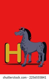 Alphabet H letter lesson describe and cute horse image  along and bright red background 