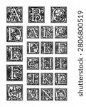 Alphabet initials, black floral monogram letters arranged in decorative square frames