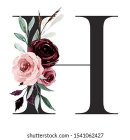 Alphabet, Letter H With Watercolor Flowers And Leaf. Floral Monogram Initials Perfectly For Wedding Invitations, Greeting Card, Logo, Poster And Other Design. Holiday Design Hand Painting. 