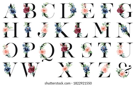 Alphabet letters set with watercolor flowers and leaf. Floral monogram initials perfectly for wedding invitation, greeting card, logo, poster and other design. Hand painting.  - Powered by Shutterstock