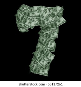 Alphabet Made From Dollars USA Isolated On A Black Background. Number -  Seven