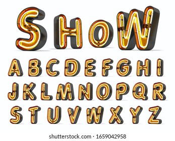 Alphabet Neon Light 3d Rendering On White Background.