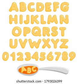 Alphabet Pasta Font And Spoon With Alphabet Soup On White Background.