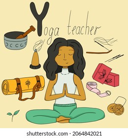 Alphabet Profession set. Illustration for Y letter. Perfect for education, Art books, abc, template card, posters, and much more. The girl is doing yoga. Yoga teacher. Set yoga.