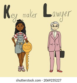 Alphabet Of Professions With Letters K And L. Young African American Girl With Tattoos - Key Maker. An Older White Woman Works As A Lawyer.