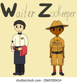 Alphabet Of Professions With Letters W And Z. Male Waiter With A Bottle In His Hand. Male African American Zookeeper In Hat.
Cute Alphabet Profession Set. 