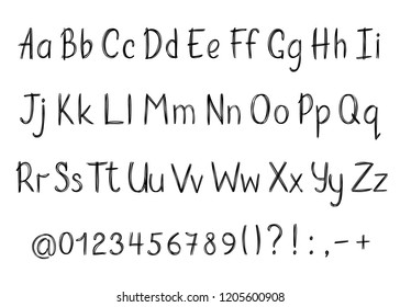 Alphabet In Sketchy Style.  Handwritten Pencil Letters, Numbers And Punctuation Marks. Ink Pen Handwriting Font.