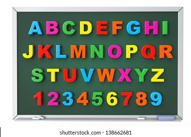 Alphabet Toy Magnetic Letters Over Blackboard On A White Background