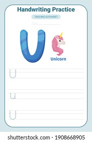 Alphabet tracing practice Letter U. Tracing practice worksheet. Learning alphabet activity page. Printable template. Uppercase and lowercase ABC trace practice worksheet. Learning English handwriting