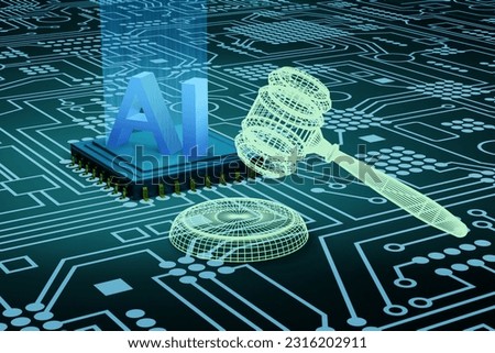 Alphabets AI on advanced central processing unit (CPU) chip and gavel and sound block in wireframe on electronic mother boards. 3D illustration of the concept of legislation and regulations of AI Act Stock photo © 