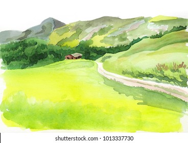 Alpine Scenery. Watercolor Illustration