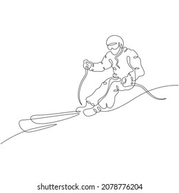 Alpine Skier Rides Along A Snowy Slope. The Athlete Goes Downhill Skiing. Winter Sports. Alpine Skier.One Continuous Line .One Continuous Drawing Line Logo Isolated Minimal Illustration.