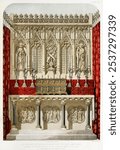 Altar and reredos from the Industrial arts of the Nineteenth Century (1851-1853) by Sir Matthew Digby wyatt. Vintage Altar and reredos lithograph art illustration, Altar and reredos art print.