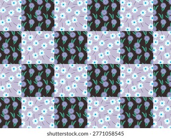 Alternating floral pattern features two types of squares. One set has light purple daisies with white centers on a dark background, complemented by green leaves. The other set displays light blue daisies with blue centers on a lighter purple background, accompanied by leaves and purple stems. The arrangement creates a neat checkerboard effect, with each square alternating seamlessly.
