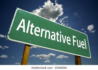 Alternative Fuel Road Sign With Dramatic Clouds And Sky.