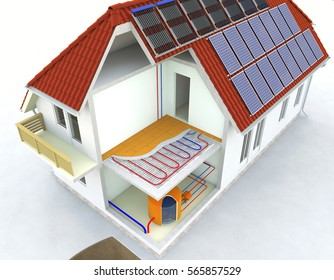 Alternative Heated House With Solar Panels, Radiant Underfloor Heating, Heating Systems, Solar Panels Heating, Warm Floor, Under Floor Heating And Cooling Systems, Renewable Energy Home - 3D Rendering