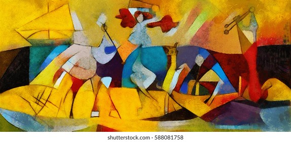 Alternative reproductions of famous paintings by Picasso. Applied abstract style of Kandinsky. Designed in a modern style oil on canvas with elements of fine art pastel painting.