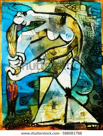 Alternative reproductions of famous paintings by Picasso. Applied abstract style of Kandinsky. Designed in a modern style oil on canvas with elements of fine art pastel painting.