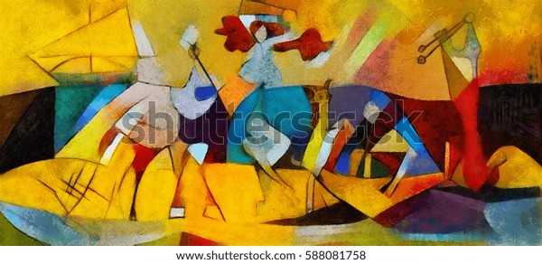 Alternative\
reproductions of famous paintings by Picasso. Applied abstract\
style of Kandinsky. Designed in a modern style oil on canvas with\
elements of fine art pastel\
painting.