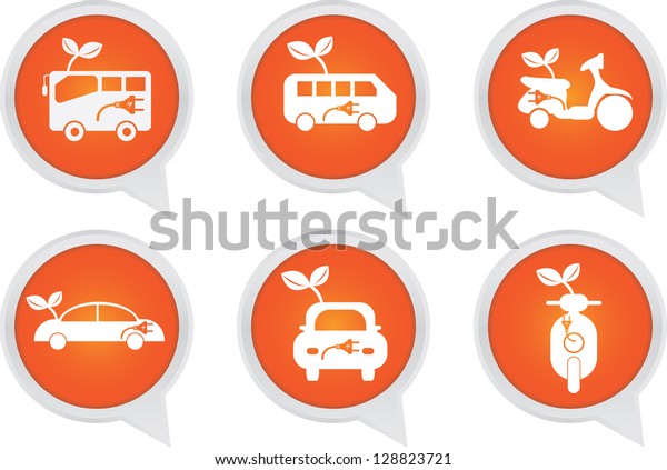 Alternative Transportation Technology Concept\
Present By White Hybrid Transportation Vehicles Sign on Orange Icon\
Set Isolated on White\
Background