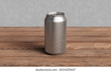 Aluminium Can Mock up on Wood Table. 3D Rendering