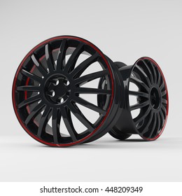 Aluminum black wheel image 3D high quality rendering. White picture figured alloy rim for car. Best used for Motor Show promotion or car workshop booklet or flyer design on white background.