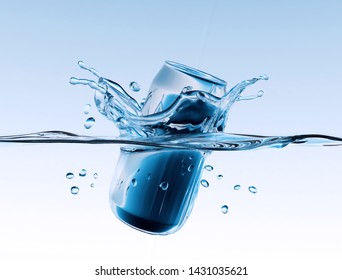 Aluminum Can With Water Splash. 3d Illustration.