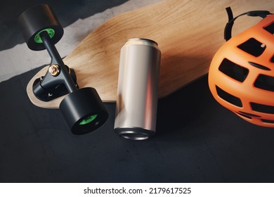 Aluminum Drink Can On Top Of A Longboard Mockup. 3D Rendering