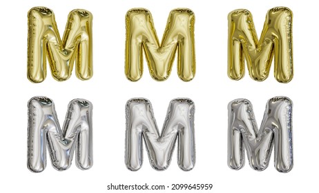 Aluminum Foil Inflated Balloon Alphabet Letter M Gold And Silver 3D Rendering