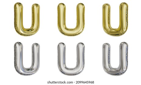 Aluminum Foil Inflated Balloon Alphabet Letter U Gold And Silver 3D Rendering