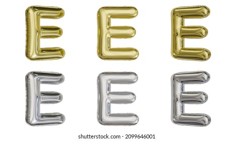 Aluminum Foil Inflated Balloon Alphabet Letter E Gold And Silver Different Angles 3D Rendering