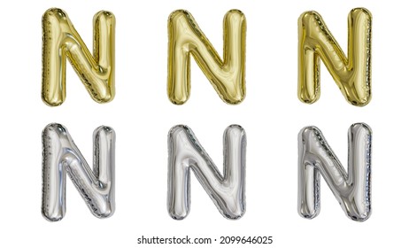 Aluminum Foil Inflated Balloon Alphabet Letter N Gold And Silver Different Angles 3D Rendering