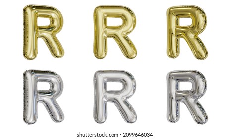 Aluminum Foil Inflated Balloon Alphabet Letter R Gold And Silver Different Angles 3D Rendering