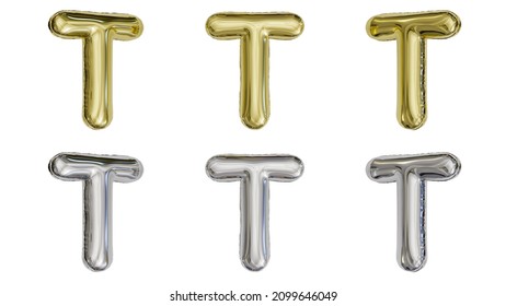 aluminum foil inflated balloon alphabet letter T gold and silver different angles 3D rendering
