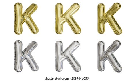 Aluminum Foil Inflated Balloon Alphabet Letter K Gold And Silver Different Angles 3D Rendering