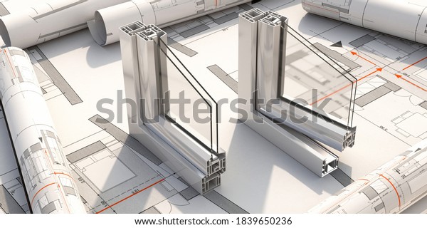 Aluminum frames open and closed on blueprint\
background. PVC metal silver color windows and doors profile detail\
cross section.  3D\
illustration
