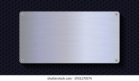 Aluminum metal plate. Realistic shiny metal banner. Black metal texture steel background. 3D realistic illustration.