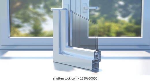 Doppelverglasungsquerschnitt aus Aluminium-Profilrahmen auf einem geschlossenen Fenstersill. Energieeffizientes Wärmedämmkonzept, Zimmereinrichtung. 3D-Illustration