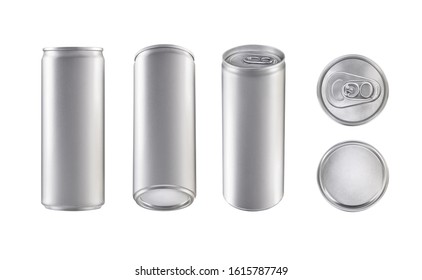 Aluminum slim cans in silver isolated on white background.canned top,lid,side,under view.canned all view.3D rendering