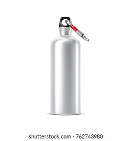 Aluminum Water Sport Bottle Mockup With Carabiner Standing On White, 3d Rendering