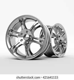Aluminum wheel image 3D high quality rendering. White picture figured alloy rim for car, tracks. Best used for Motor Show promotion or car workshop booklet or flyer design on white background.