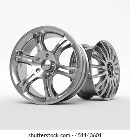 Aluminum wheel image 3D high quality rendering. White picture figured alloy rim for car. Best used for Motor Show promotion or car workshop booklet or flyer design on white background.