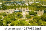 Alupka, Crimea. Watercolor illustration. Vorontsov Palace. 19th century Gothic mansion with well-preserved halls and a picturesque 40 hectare park. The palace was built from 1828 to 1848, Aerial View